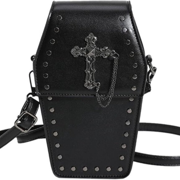 Gothic Coffin Crossbody Bag – Black Faux Leather with Chain NWOT - Picture 3 of 13